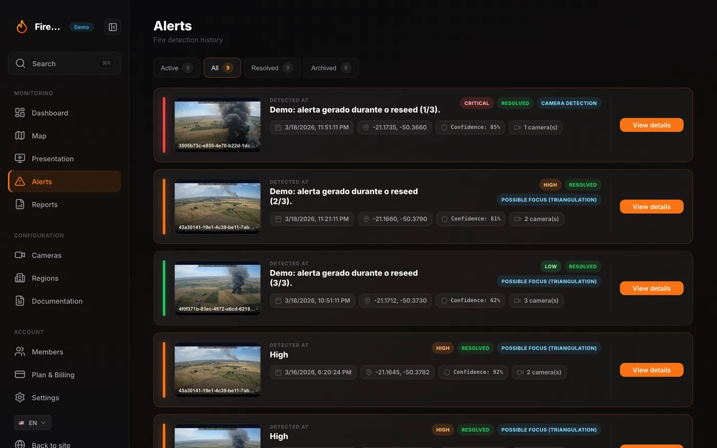 AI-detected smoke alerts list