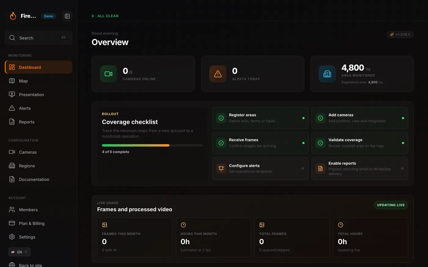 FireMonitor dashboard with cameras, alerts and live map