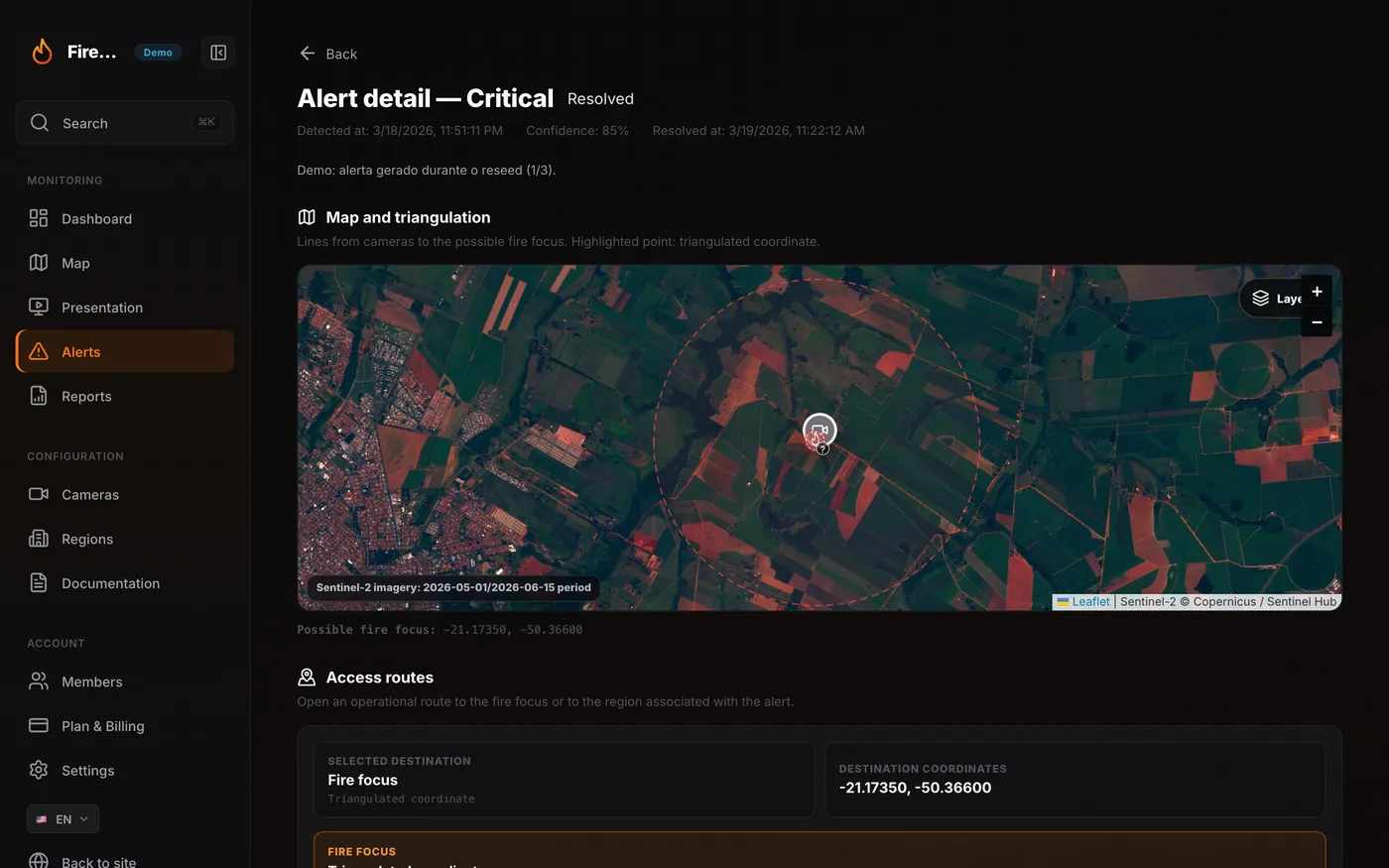 Alert detail with fire triangulation on the map