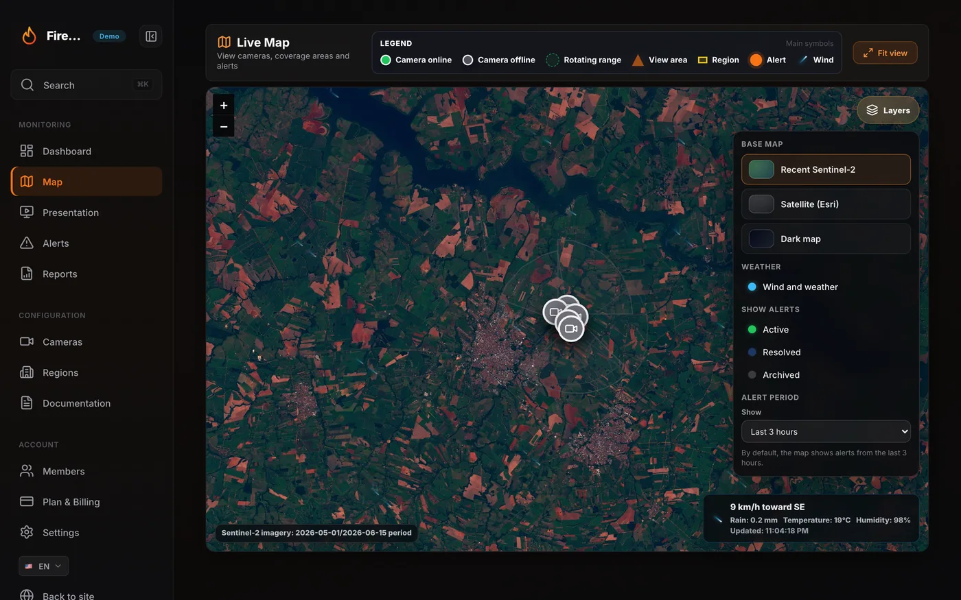 FireMonitor live map with fire focus and cameras