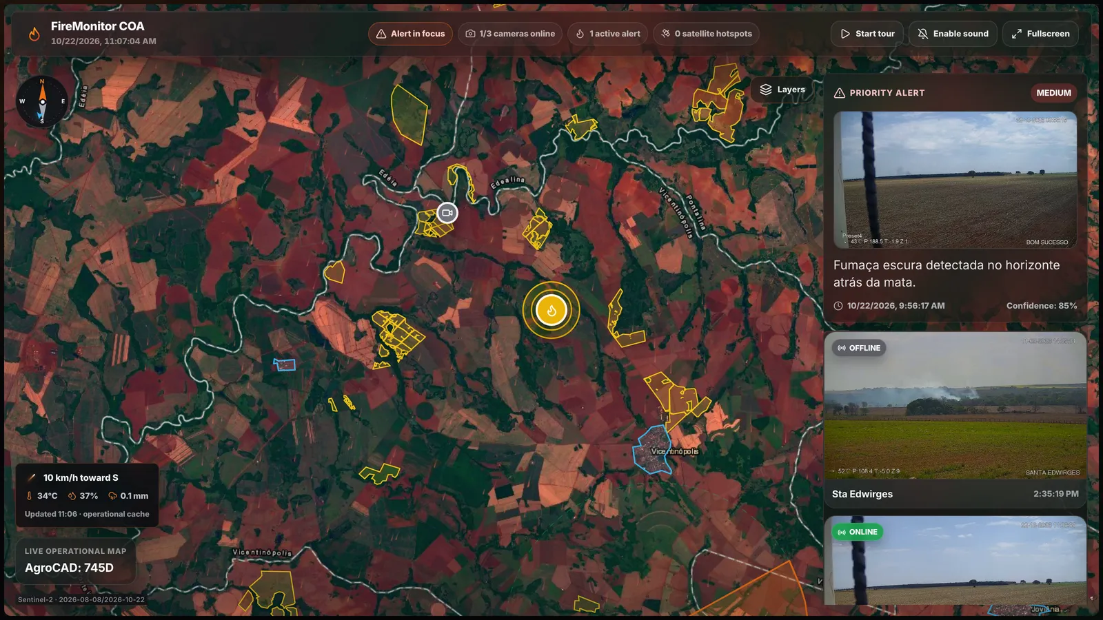 FireMonitor presentation mode in full screen: live map with the fires, the focused alert with the smoke image and rotating cameras