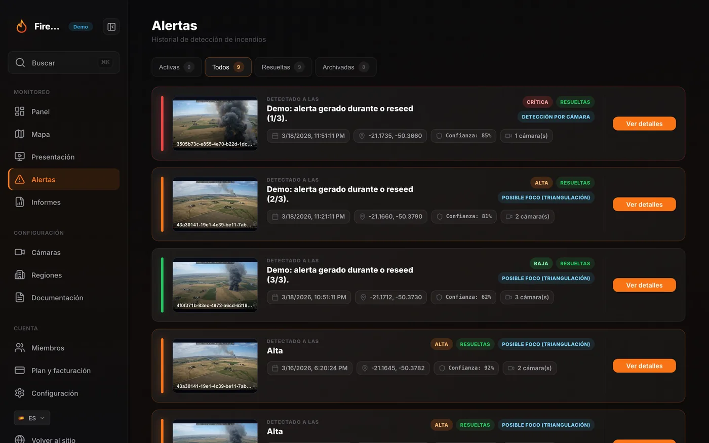 Lista de alertas de humo detectados por IA