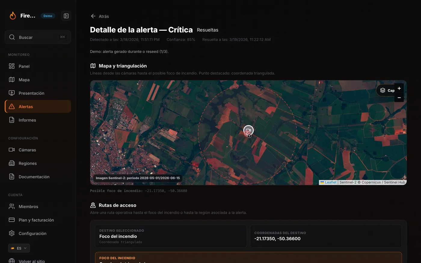 Detalle de alerta con triangulación del foco en el mapa