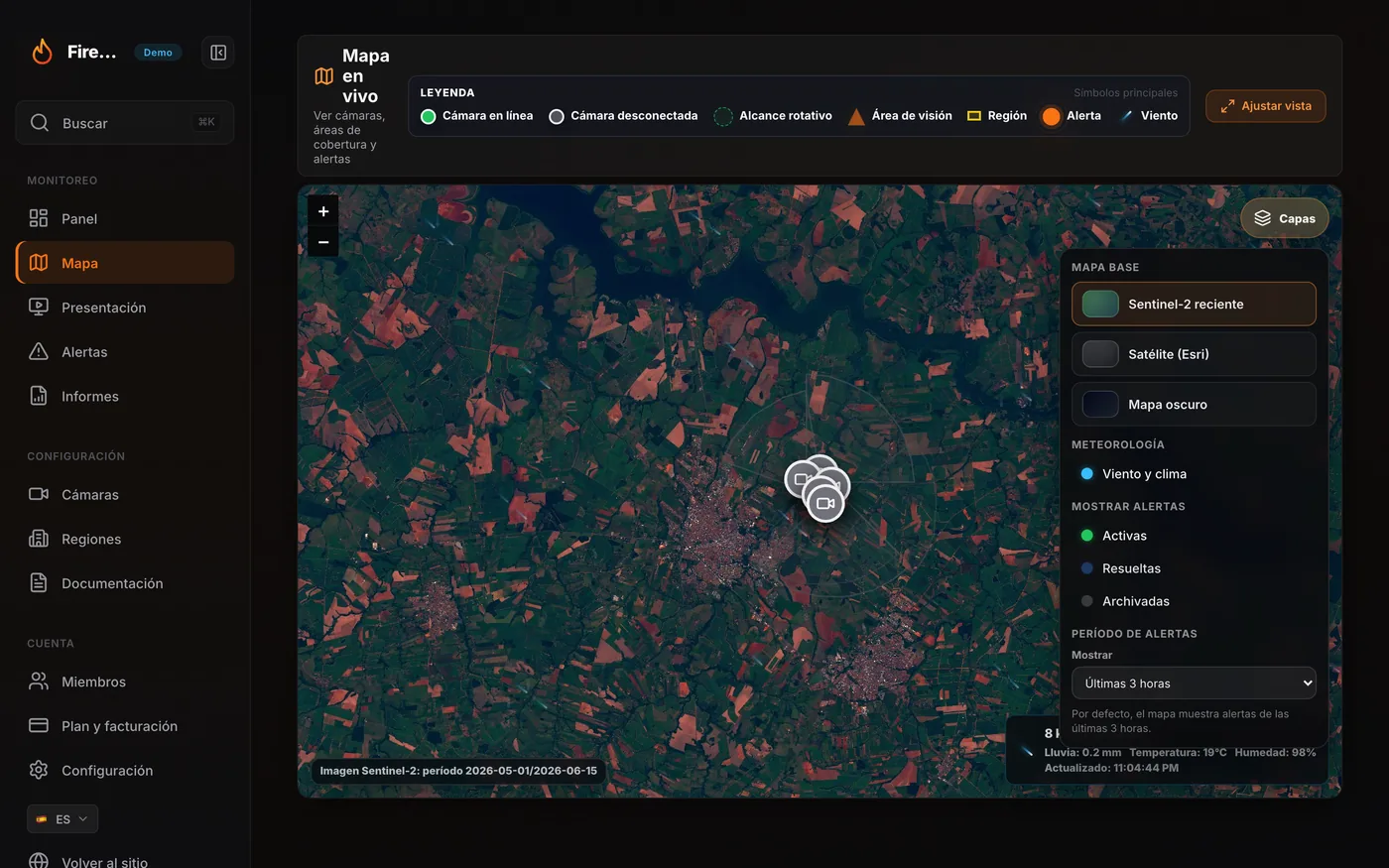 Mapa en vivo de FireMonitor con foco de incendio y cámaras