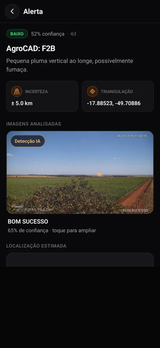 Alerta de incêndio no aplicativo do FireMonitor, com a fumaça marcada pela IA