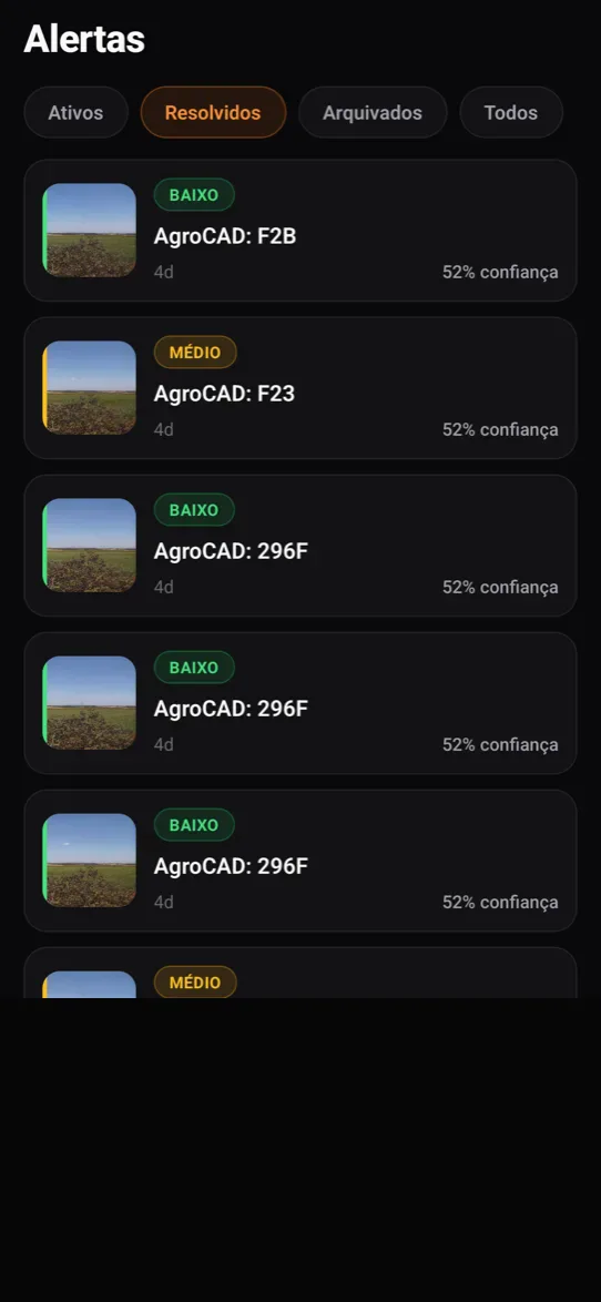 Histórico de alertas no celular, com severidade e confiança