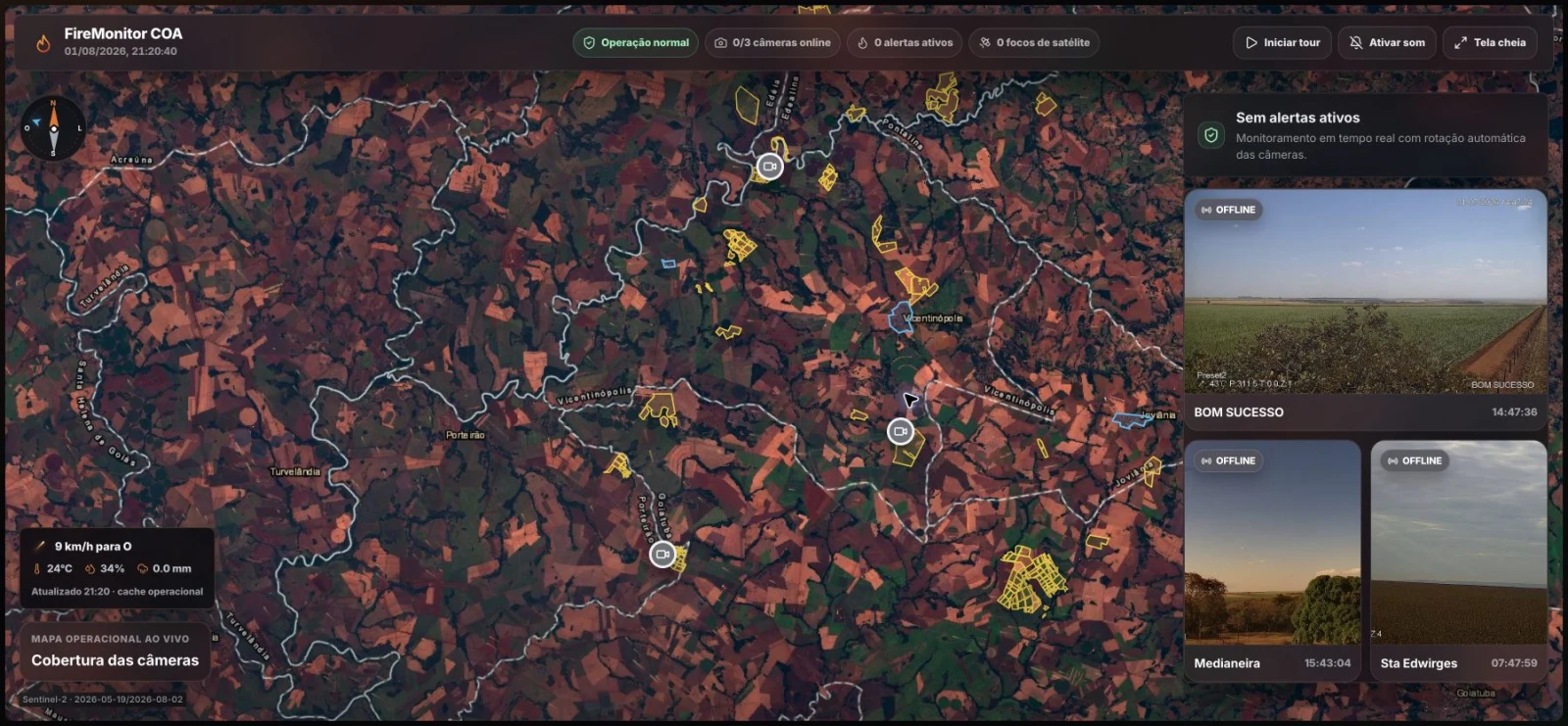 Modo apresentação do FireMonitor em tela cheia, com mapa ao vivo e câmeras em rotação
