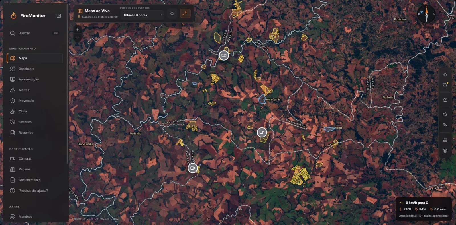 Mapa operacional real da plataforma FireMonitor