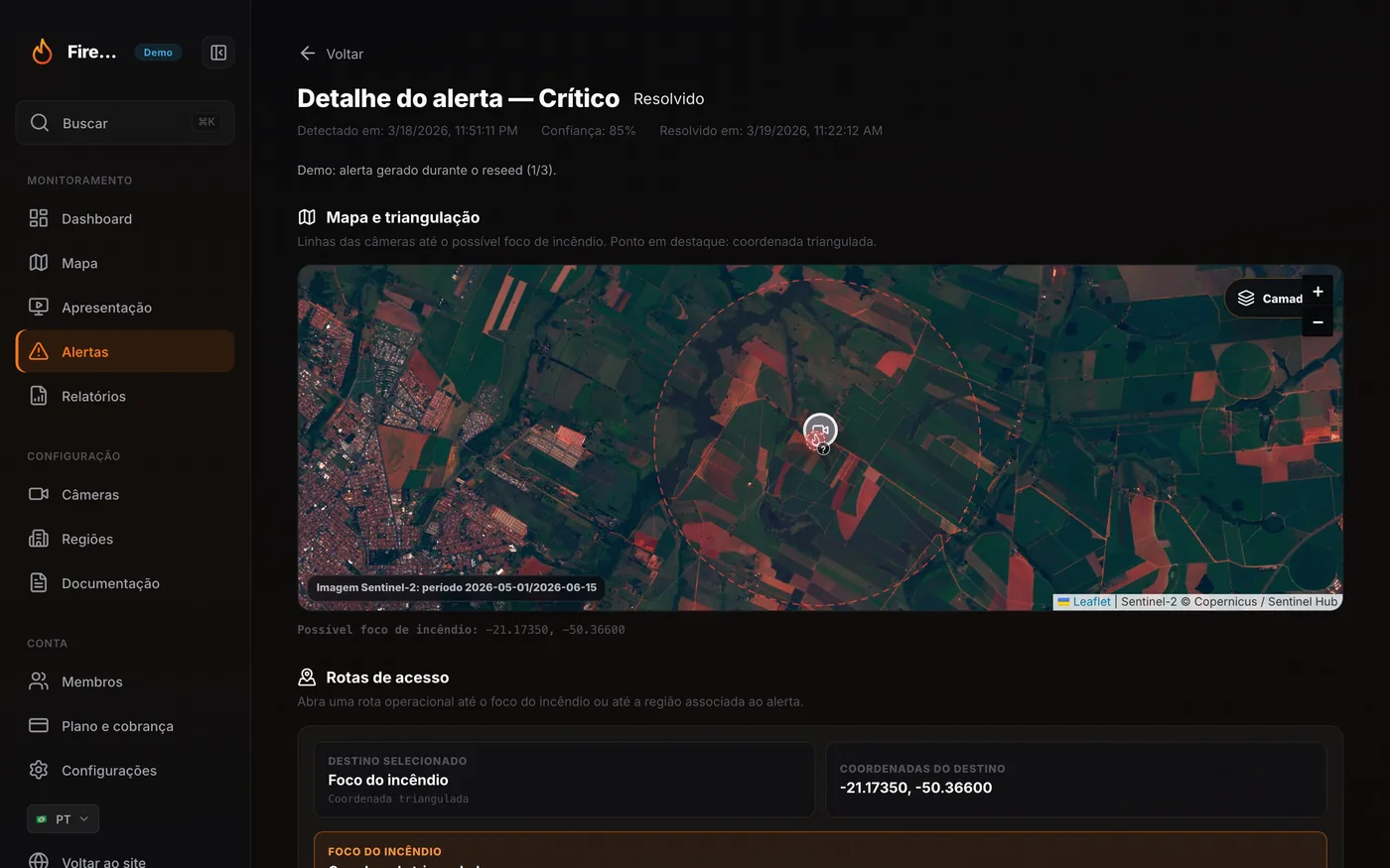Detalhe do alerta com triangulação do foco no mapa